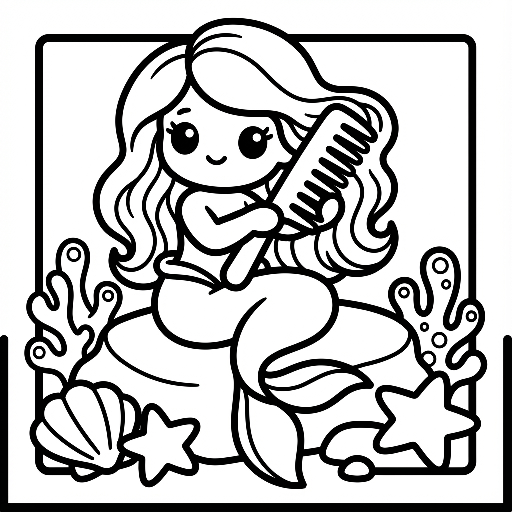 Pretty mermaid brushing her hair in chunky line art coloring, great for mindful coloring pages.